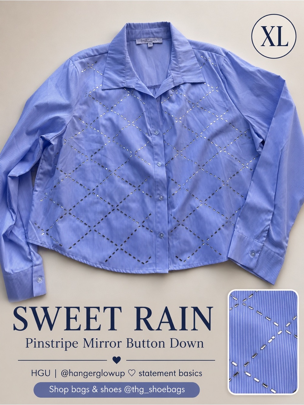 Sweet Rain Blue Pinstripe Mirror Embellished Button Down Shirt XL NWOT